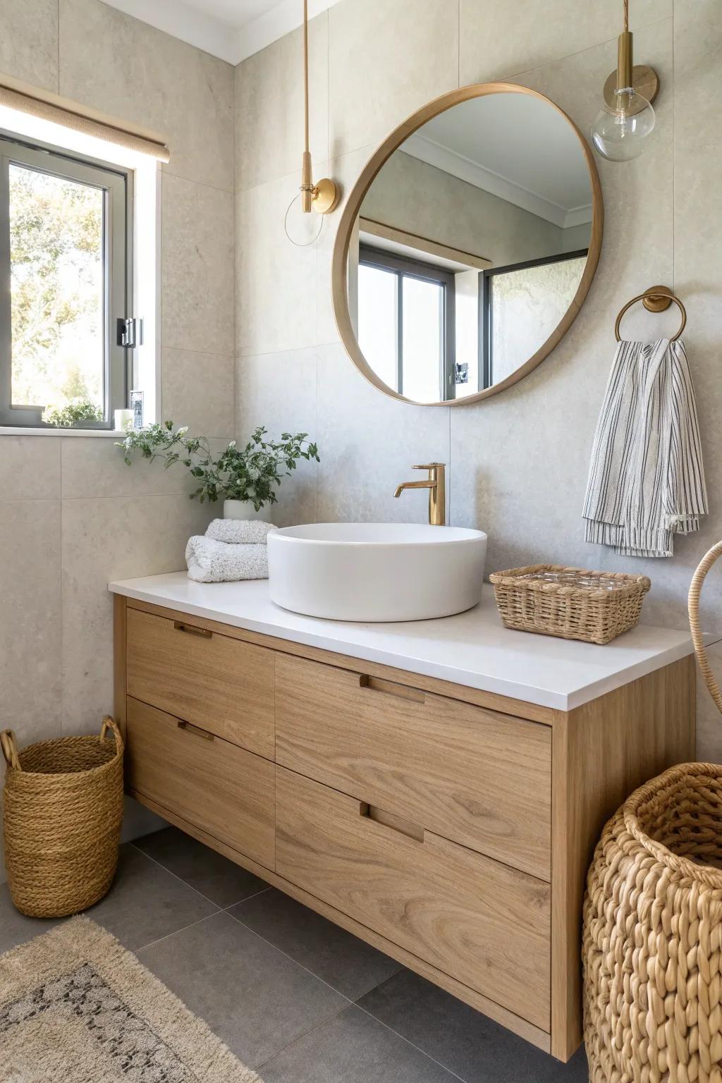 A floating vanity frees up floor space, making a small bathroom feel airy and calm.