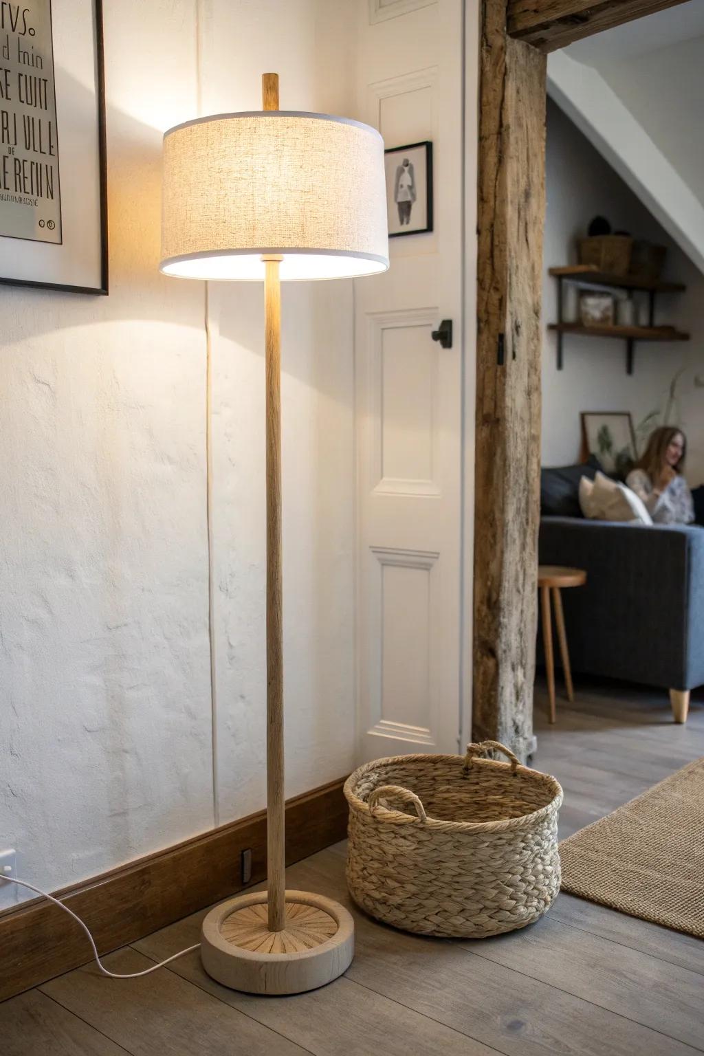 Brighten a dark corner with a slim floor lamp—warm glow, zero clutter, all the space.
