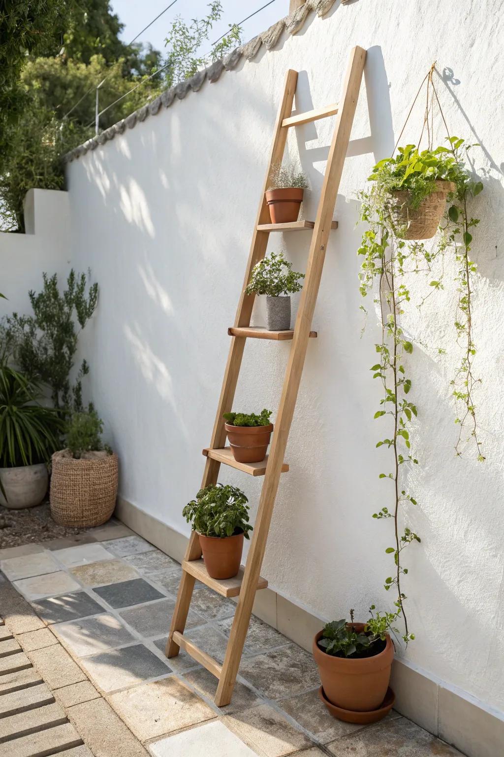 A slim vertical planter ladder makes a blank wall feel lush—no precious floor space needed.