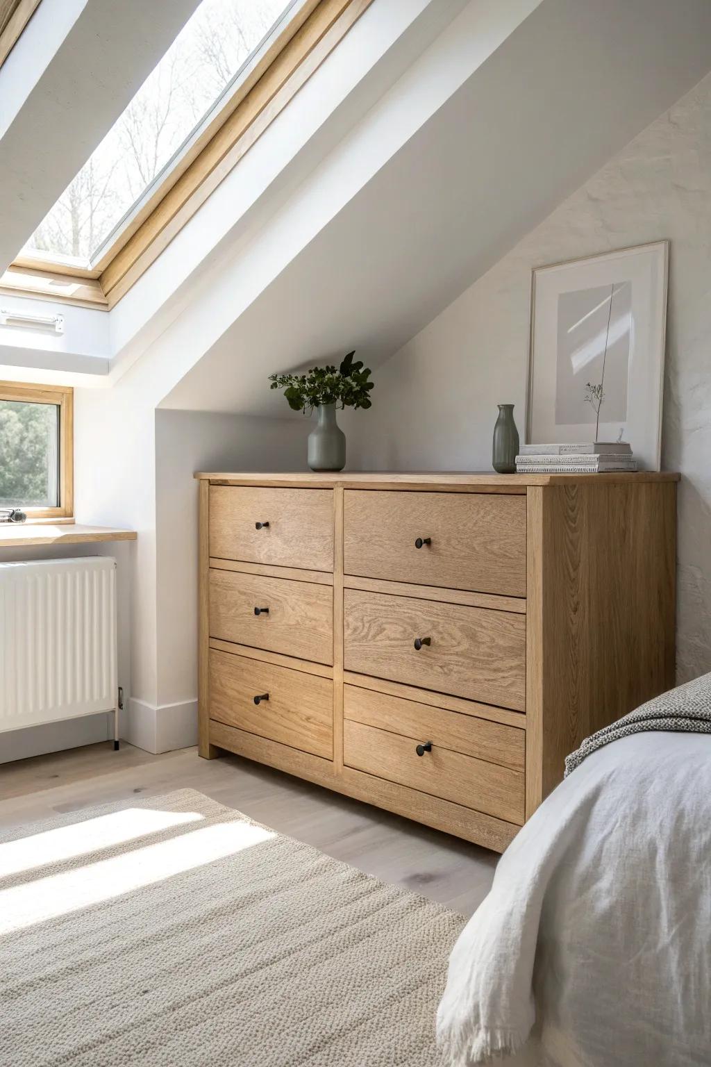 Built-in knee-wall drawers turn awkward attic angles into chic, livable storage.