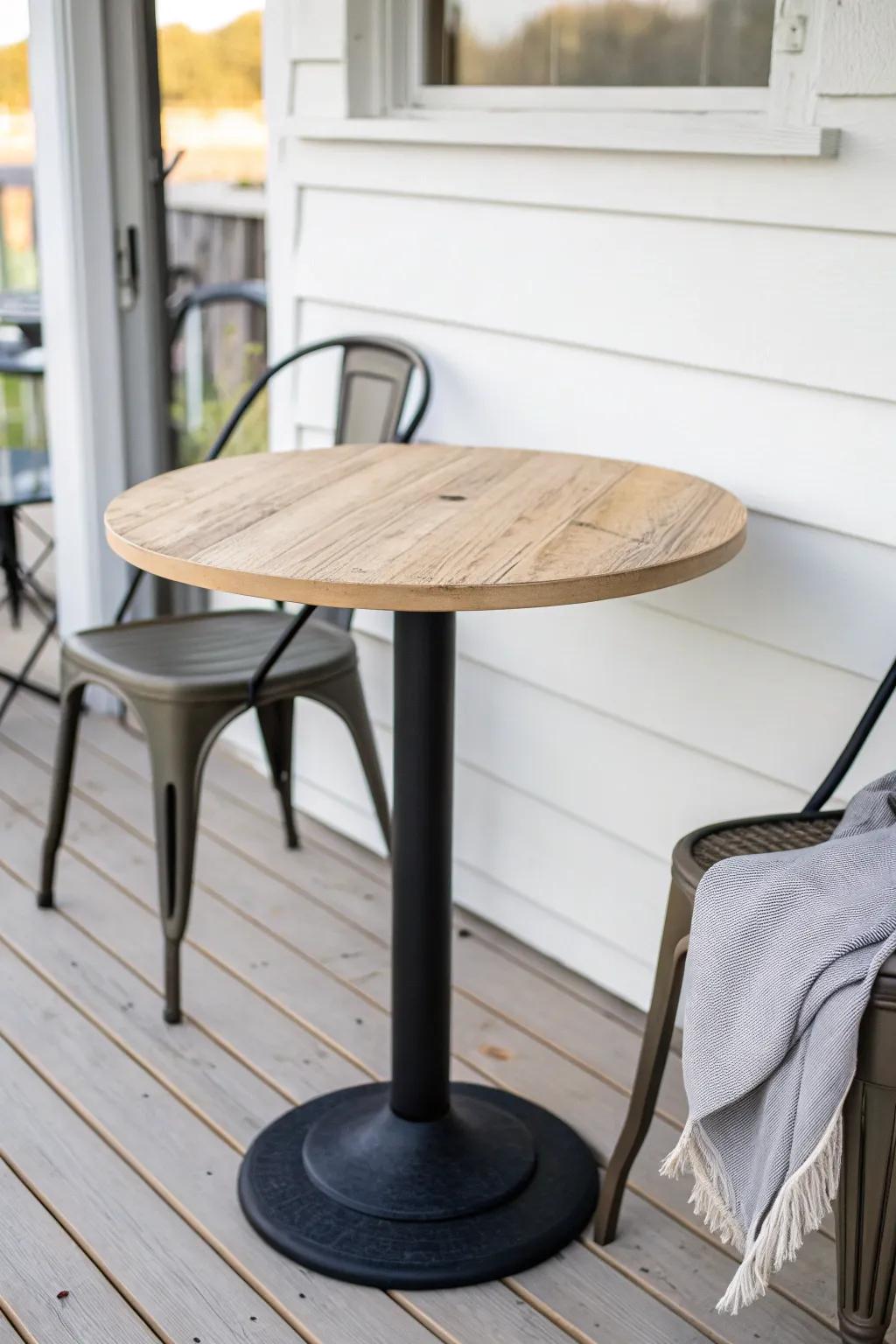 Round bistro table for two—perfect small-porch dining without bulky furniture in a cozy Scandinavian-boho look.
