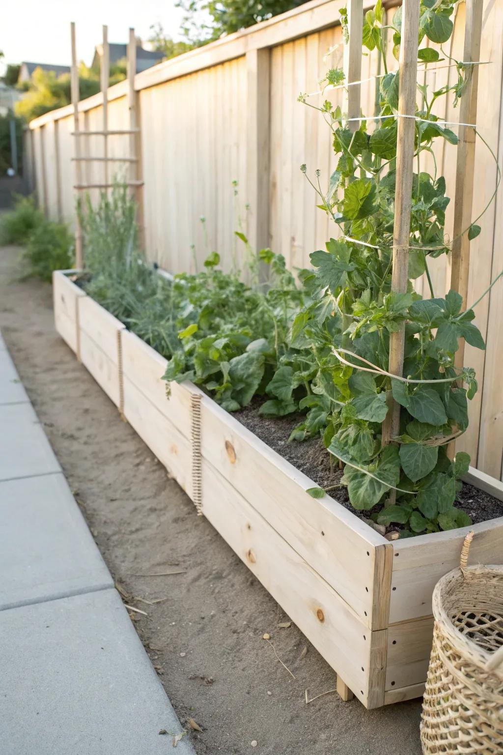 Slim raised bed along a fence keeps small yards open—perfect for climbing veggies.
