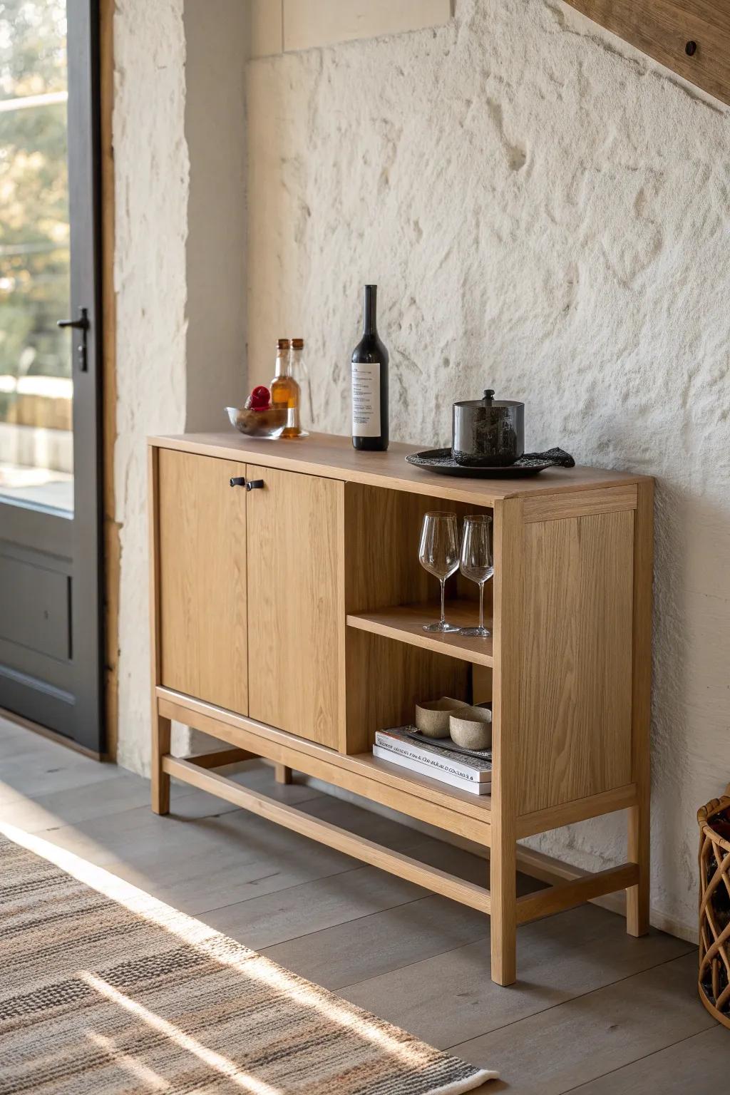 A single-wall bar console turns one narrow strip of wall into a chic, tidy home bar.