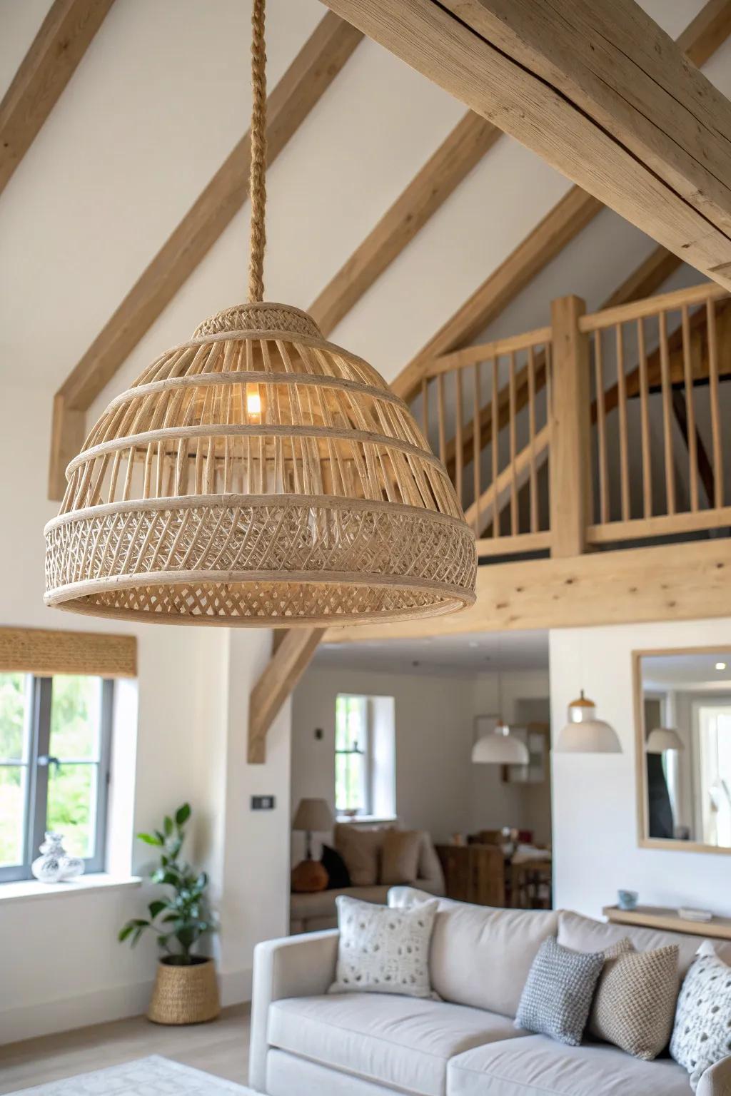 A double-height barn living room feels bigger with a statement pendant and exposed rafters.