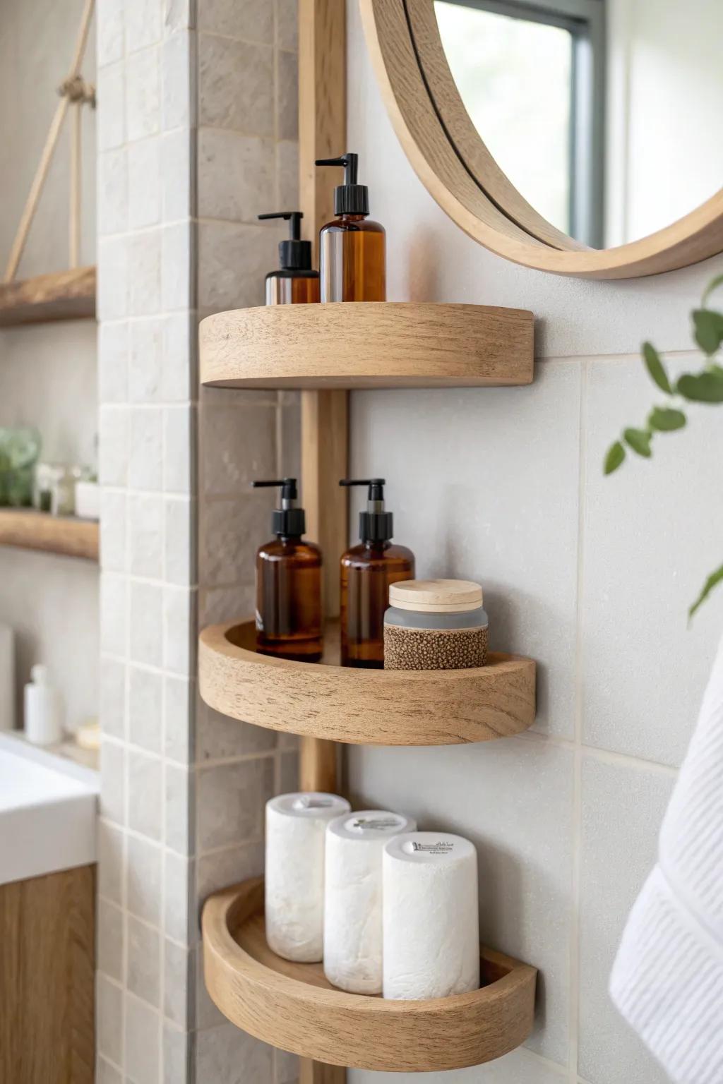 Stacked floating shelves by the mirror—small-bath storage that looks airy, calm, and curated.