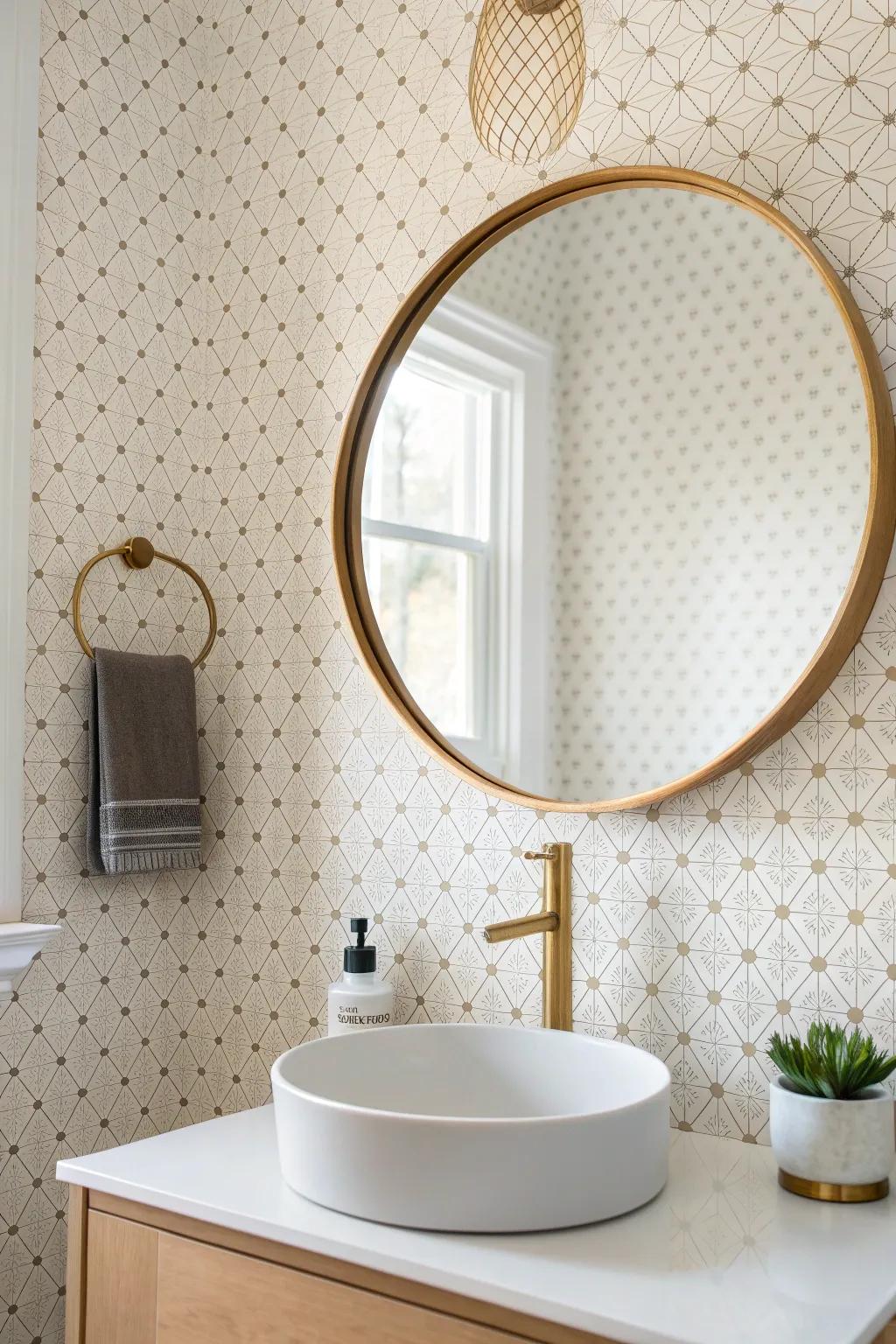 Tiny-scale geometric wallpaper adds texture (not clutter) behind a simple brass mirror in a small bath.