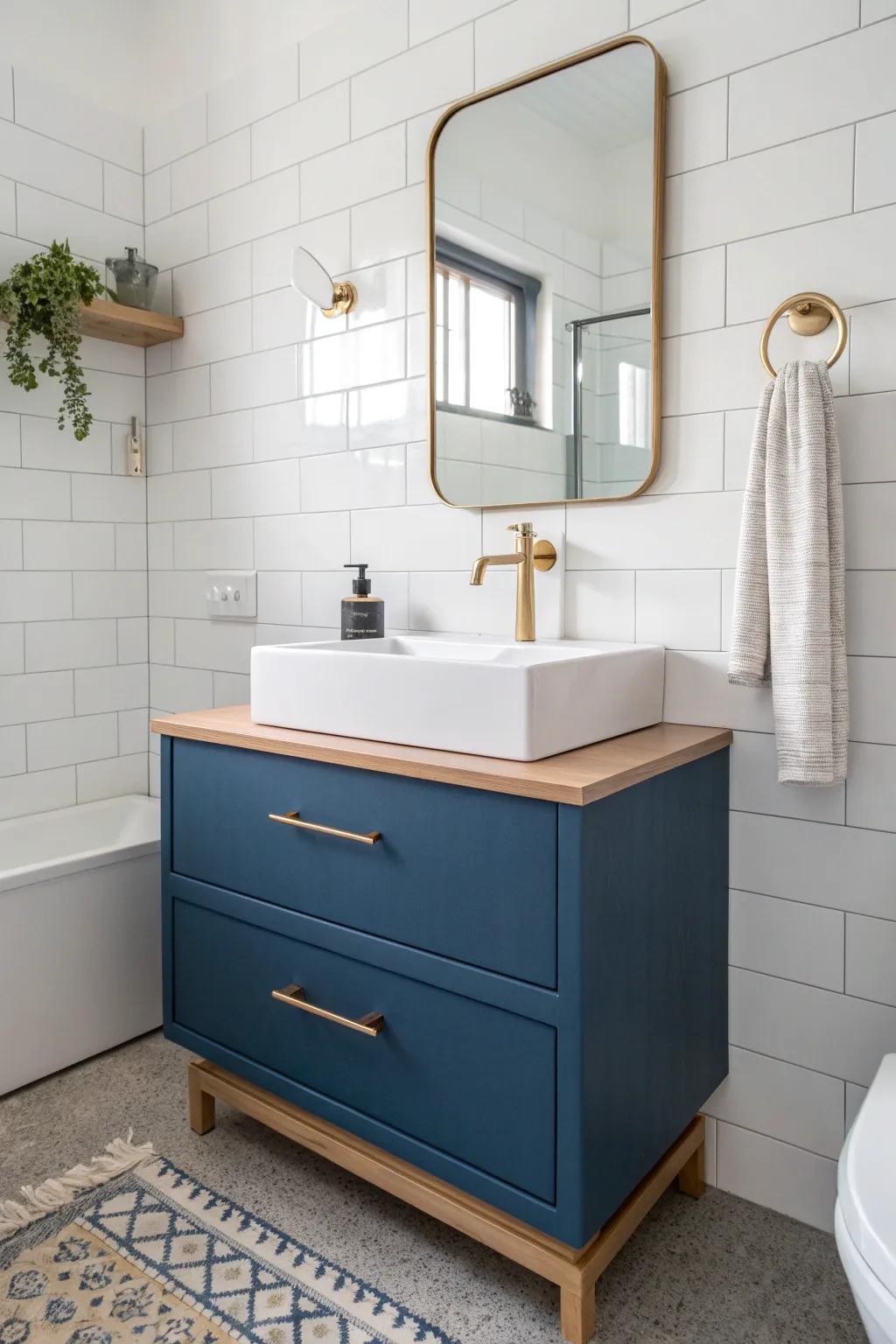 A floating blue vanity that opens up the floor—small bathroom, big airy Scandinavian vibe.