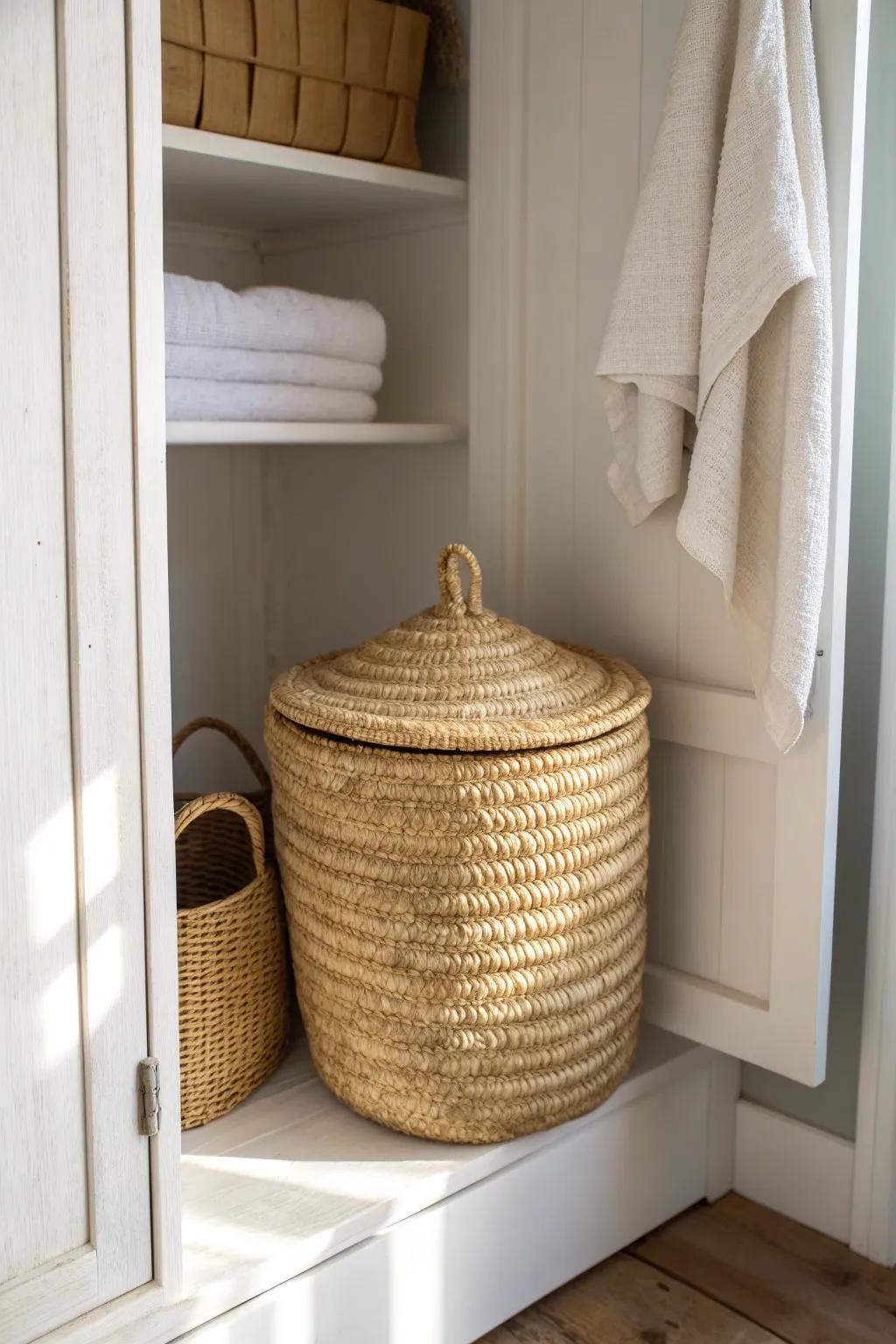 Matching woven baskets turn a tiny linen closet into calm, clutter-free shelf styling.