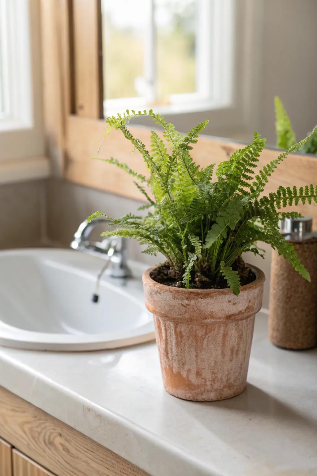 A tiny fern in a handmade pot brings life to your sink corner—perfect for small, humid bathrooms.