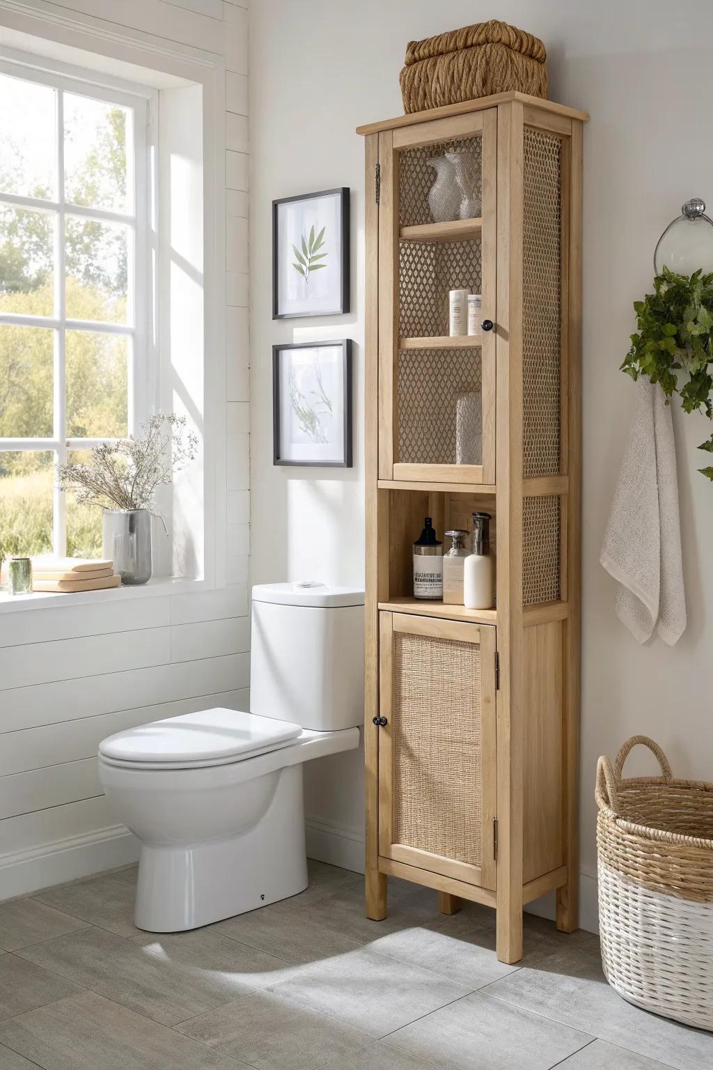 An over-the-toilet cabinet tower hides clutter and turns vertical space into calm storage.