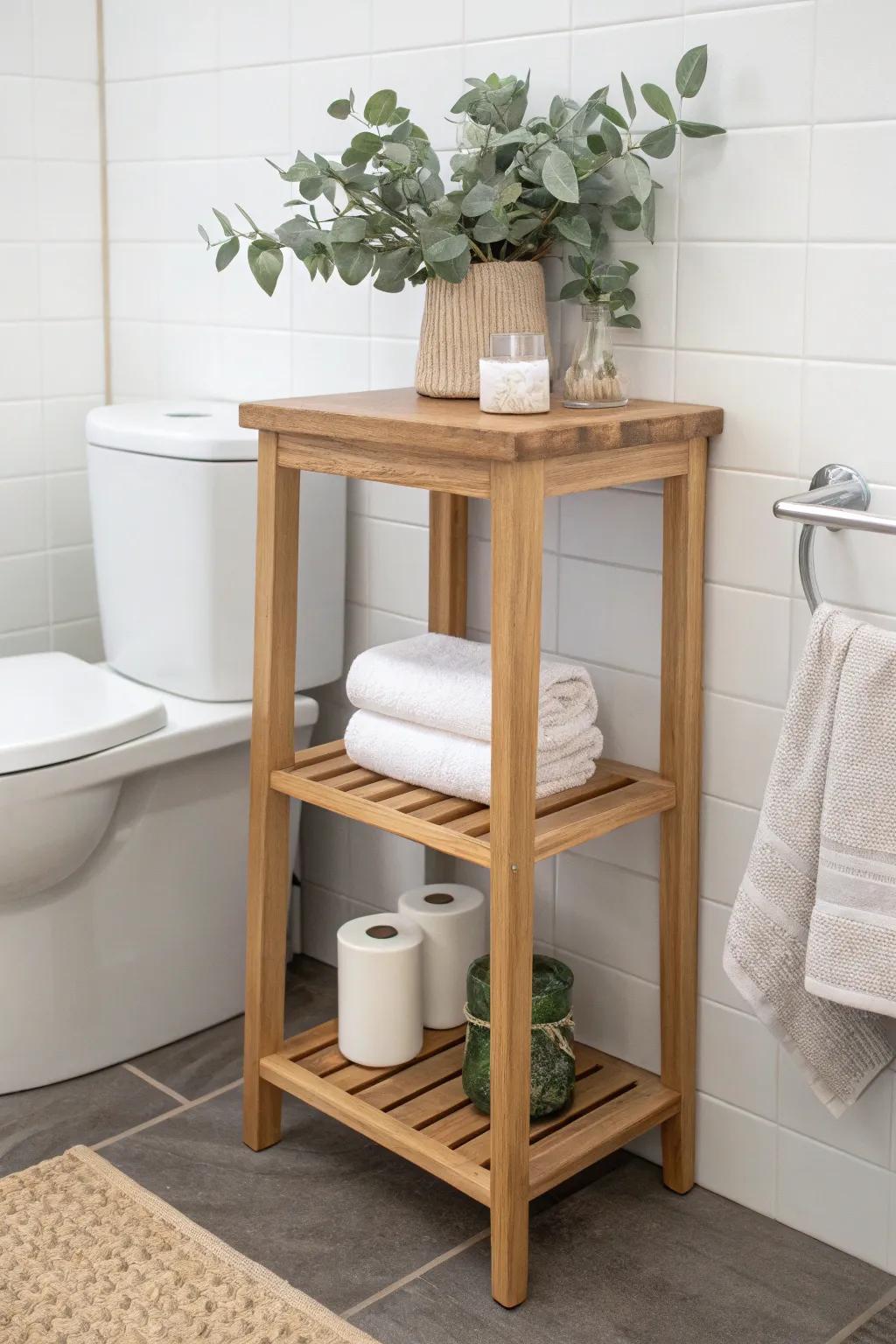Slim toilet-gap table turns wasted space into chic storage—plant up top, rolls below.