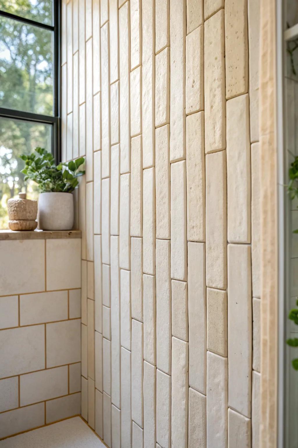 Vertical stack tile pulls the eye upward—an elegant height trick for small, boxy bathrooms.