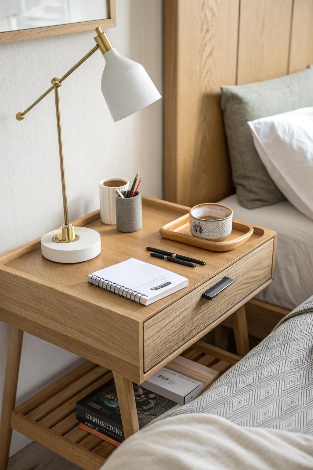 Swap your nightstand for a slim bedside desk—then tuck work away in a tray at bedtime.