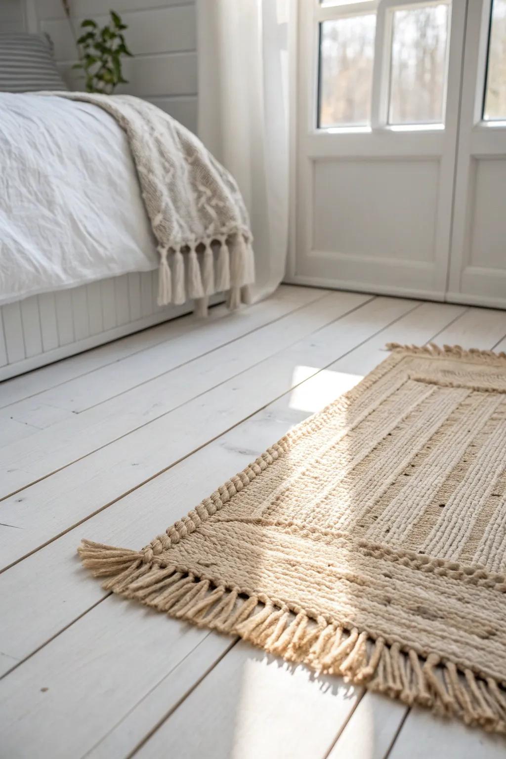 Whitewashed wood floors + a simple jute rug = a brighter, calmer small bedroom.