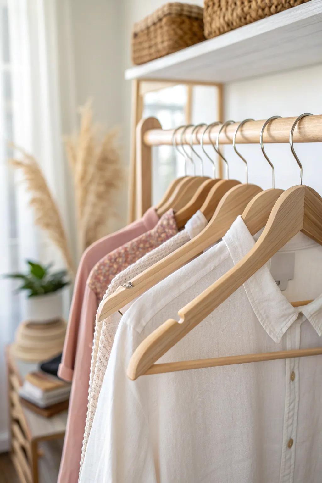 Slim matching hangers instantly free up space and make a small-bedroom closet feel calm.