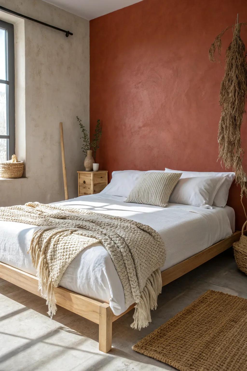 A deep terracotta accent wall instantly turns a tiny bedroom into a designed focal point.