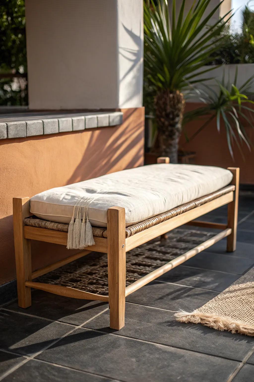 Low lounge bench + linen cushion: the boho trick that makes a tiny patio feel wider.