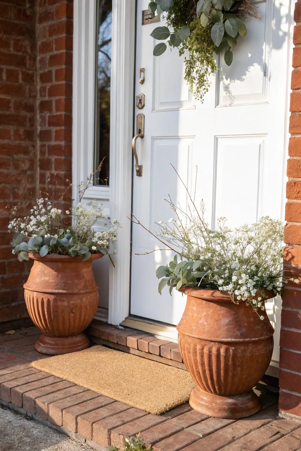 Symmetry wins: two matching planters instantly make a small brick porch feel polished.