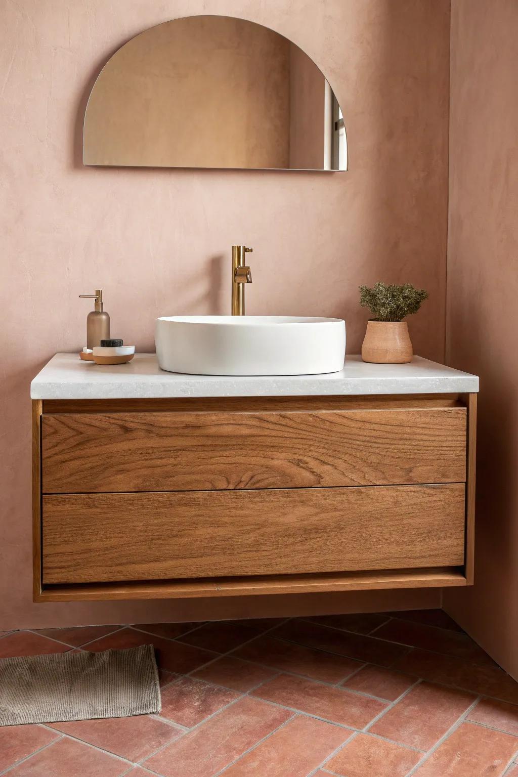 A floating walnut vanity keeps a small brown bathroom airy—more floor, more spa-like calm.