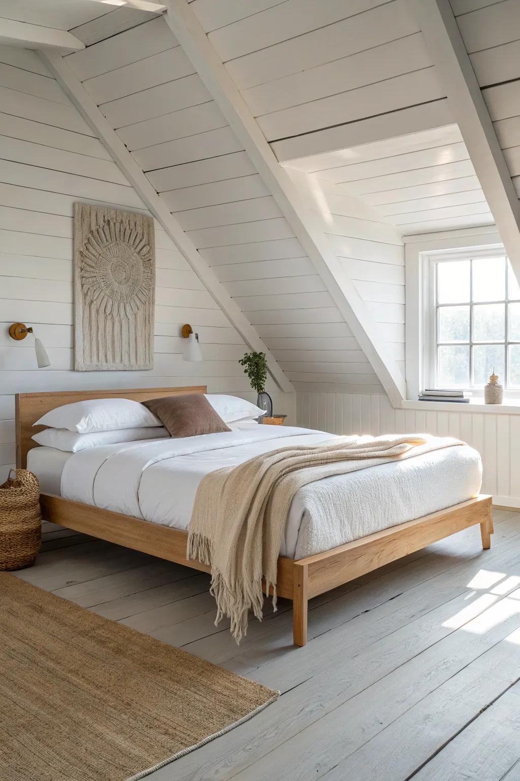 A low-profile platform bed keeps sloped Cape Cod ceilings feeling open, calm, and airy.