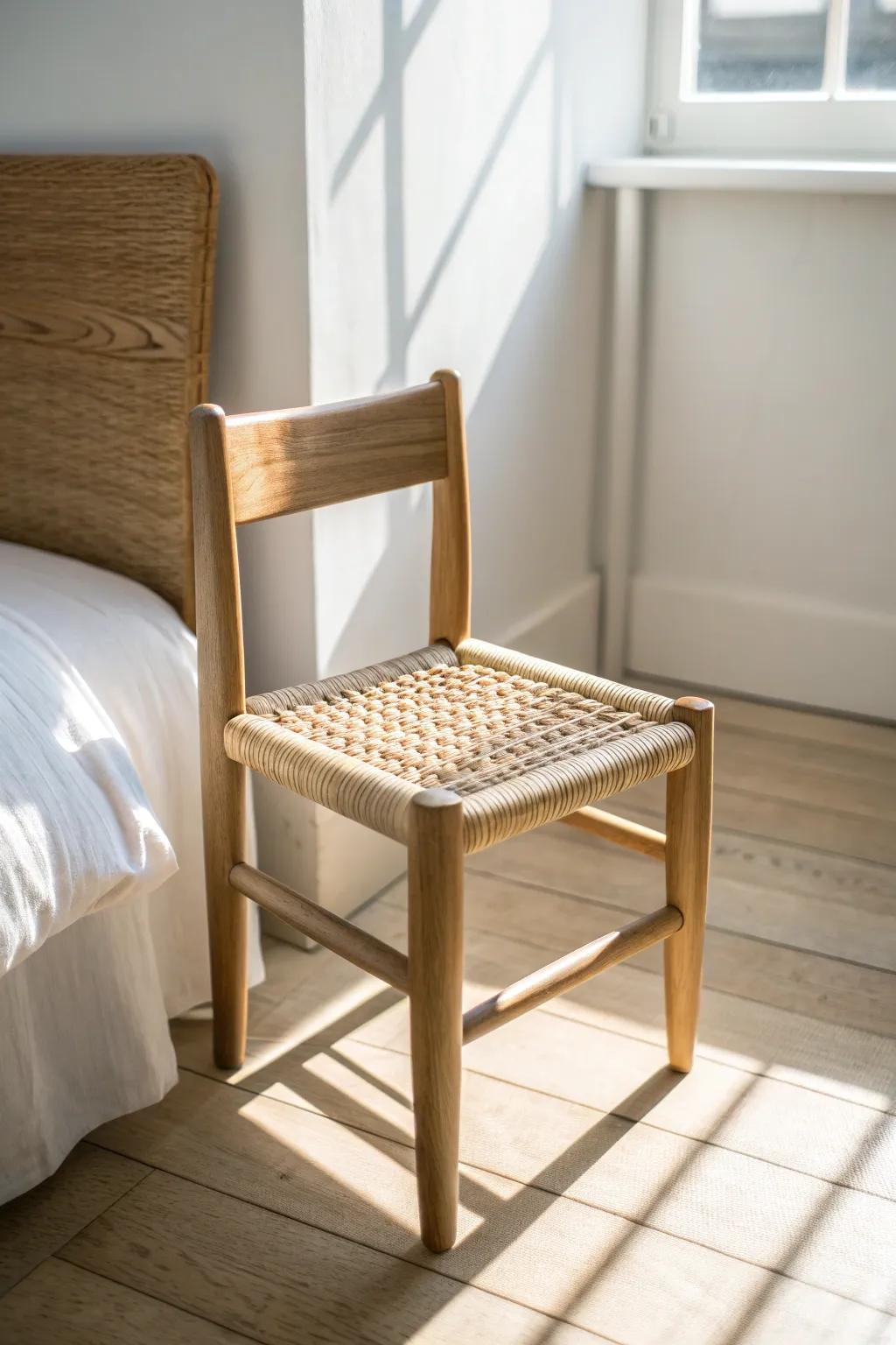 Swap the nightstand for a petite bedside chair—pretty, practical, and space-saving.