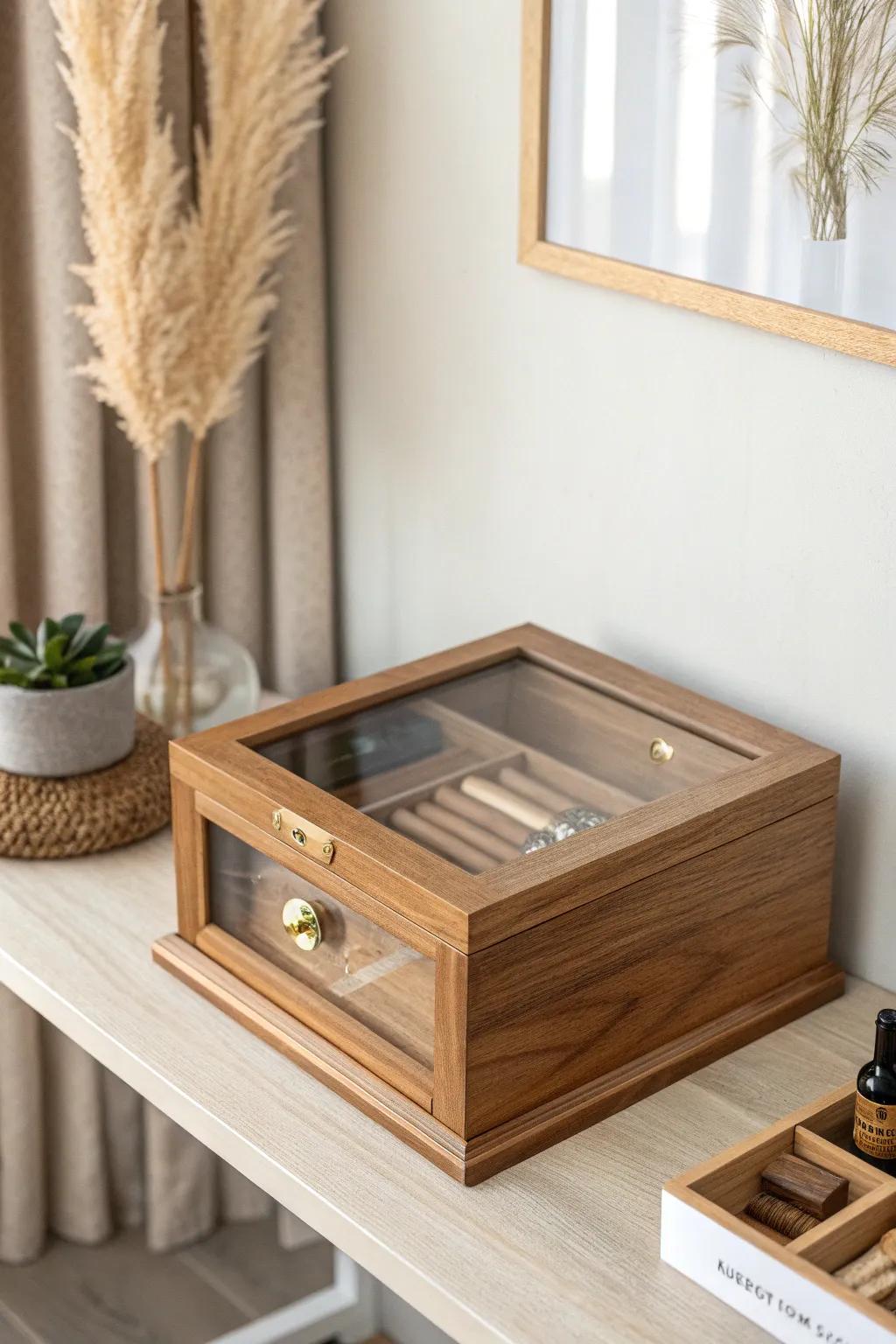 Give your cigars a dedicated home: a glass-front humidor on a slim shelf looks curated.