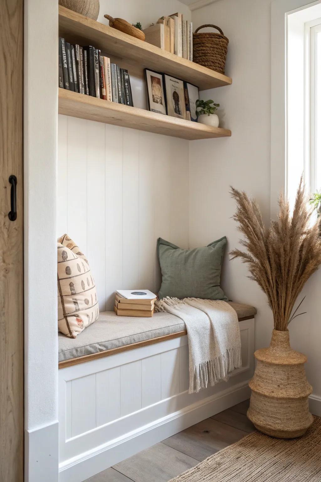 A shallow picture-ledge shelf keeps books front-facing and your cozy closet nook clutter-free.