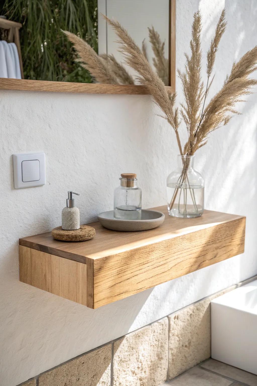 Light oak shelf warmth: a coastal, space-saving detail that makes tiny bathrooms feel styled.