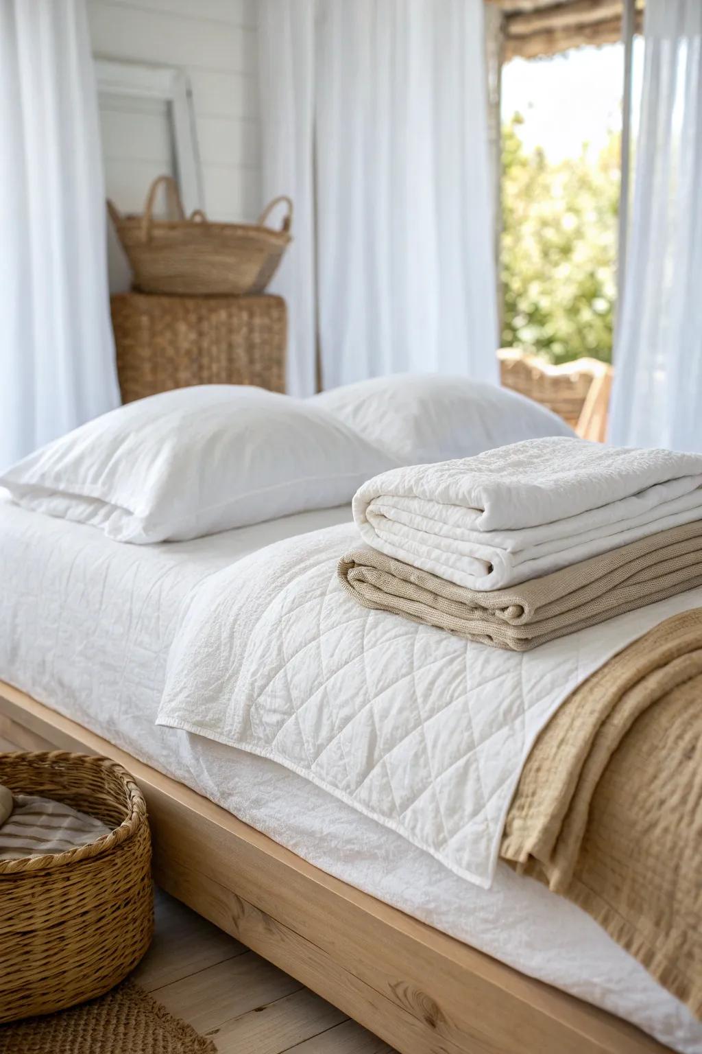 Crisp white quilt with a linen-look throw creates breezy coastal calm in a tiny bedroom.