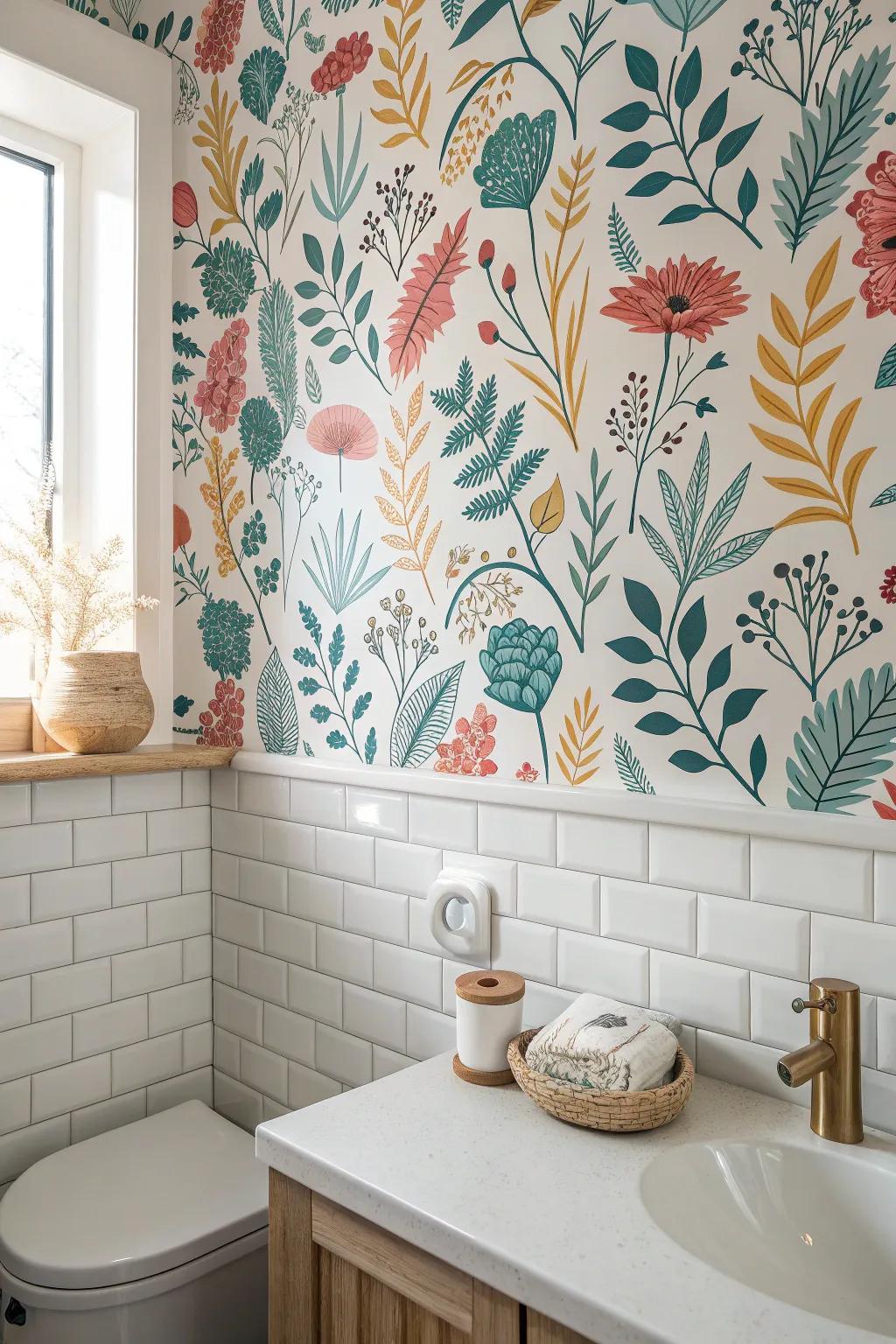 Bold, busy wallpaper steals the show in a small bathroom—keep fixtures simple for balance.