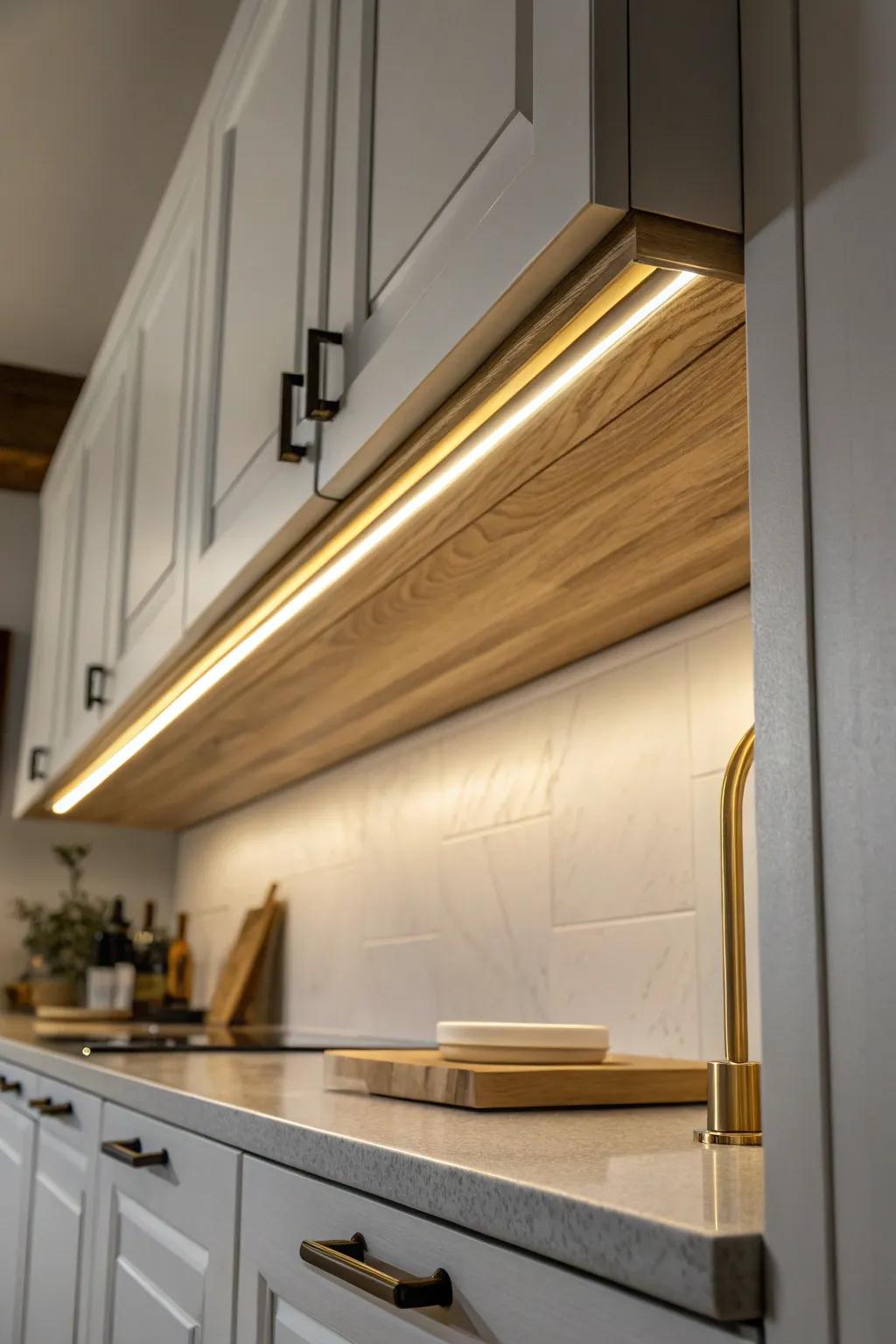 Warm under-cabinet task lighting makes a tiny condo kitchen feel instantly brighter and more luxe.