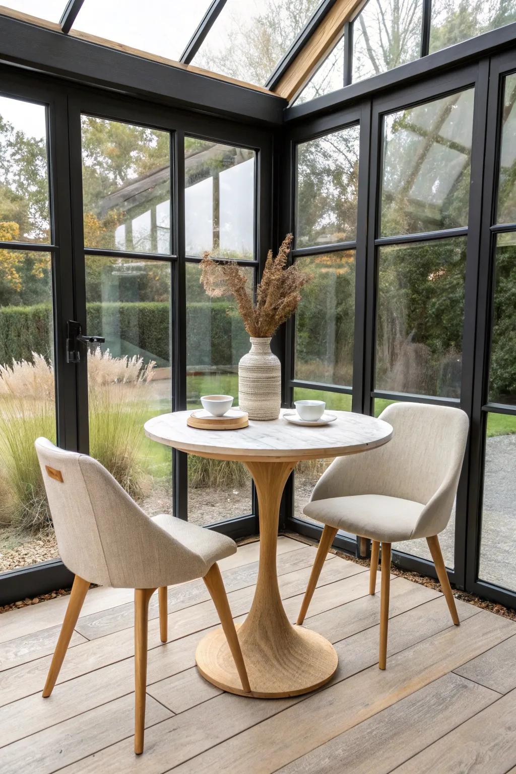 Two airy chairs, one petite table—symmetry that makes a small conservatory feel intentional.