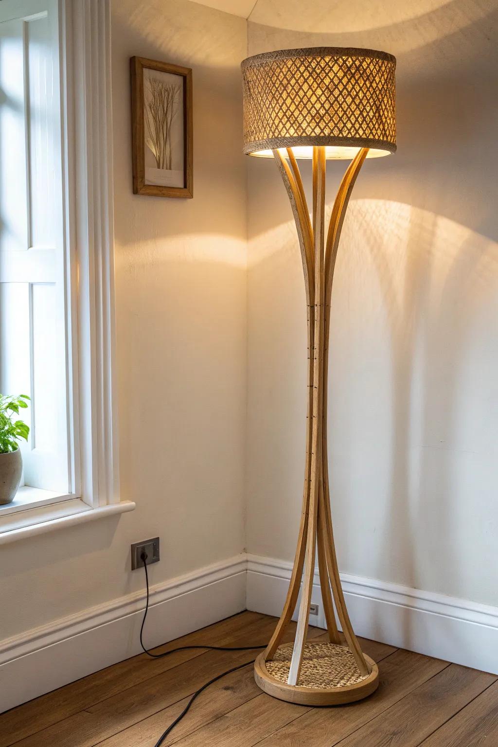 A sculptural floor lamp adds height, warmth, and instant coziness to a forgotten corner.