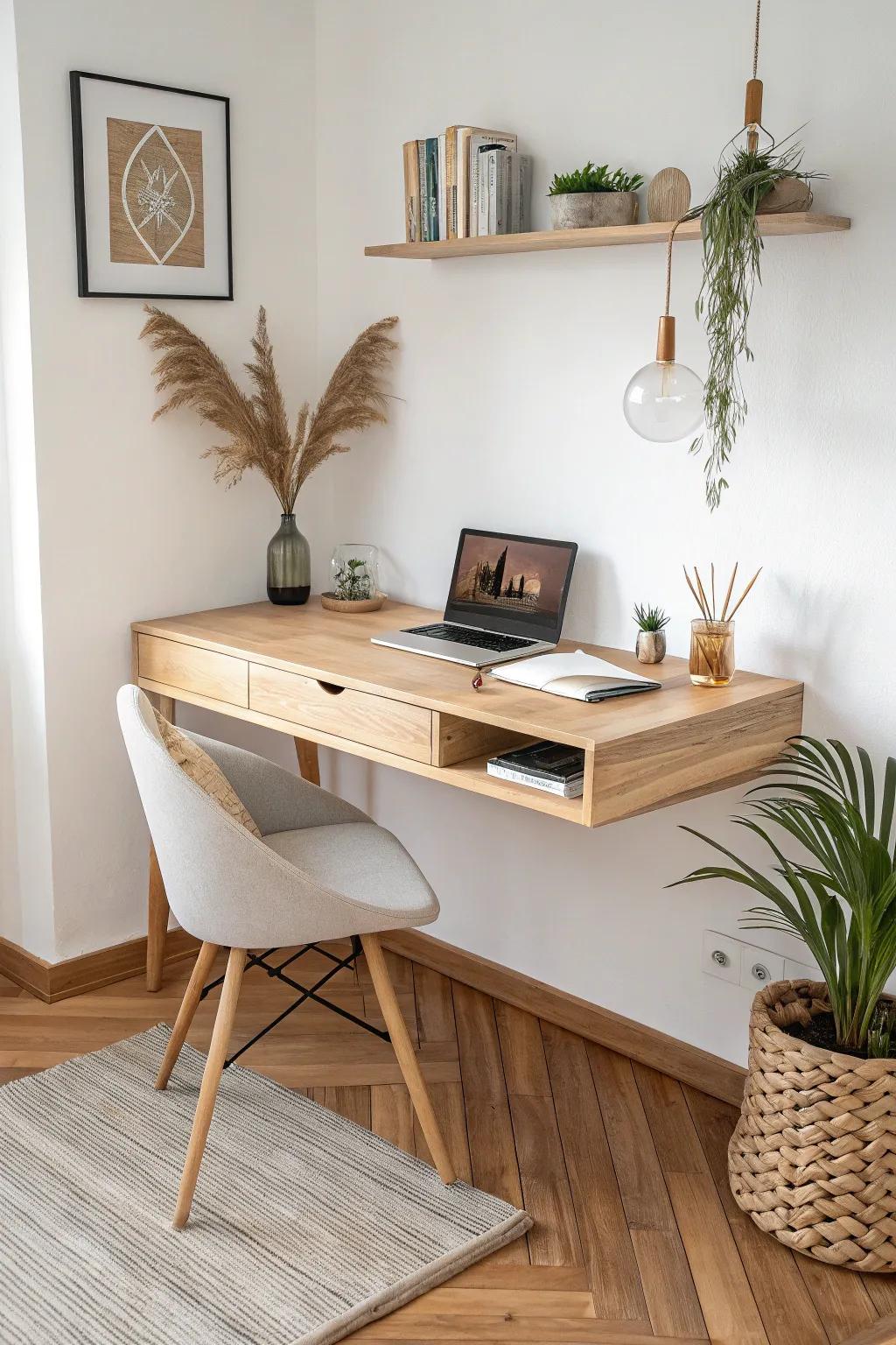 A floating corner desk that opens up the floor—minimal, warm wood, and effortlessly tidy.
