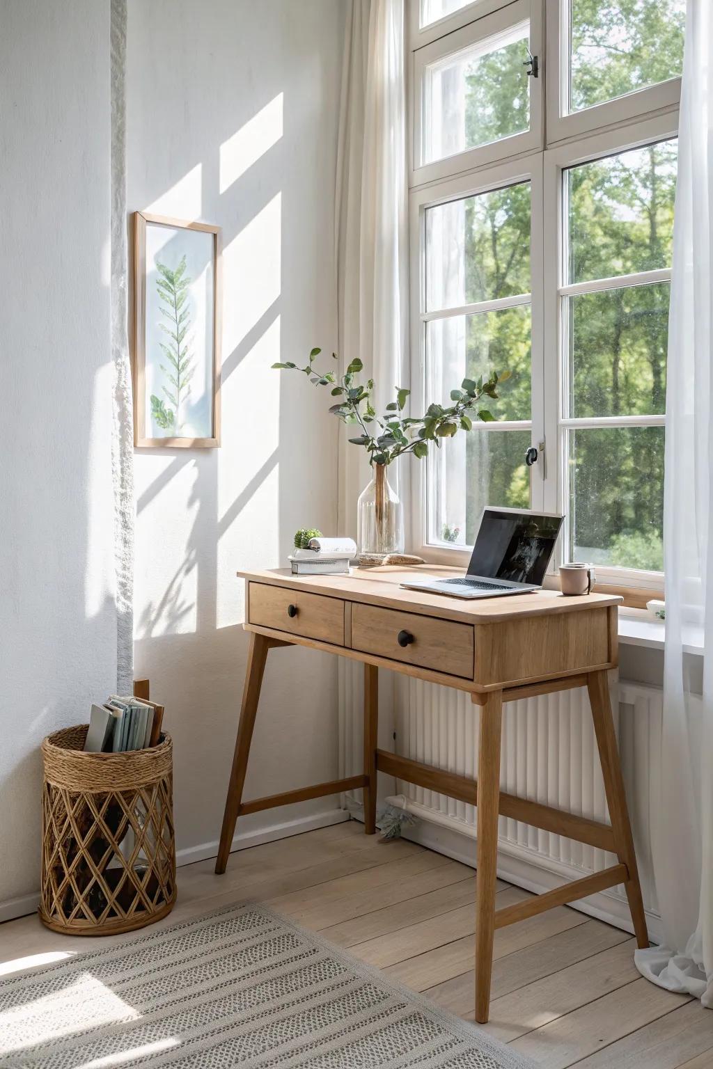 Let daylight do the work—this window-facing corner desk makes tiny offices feel airy.