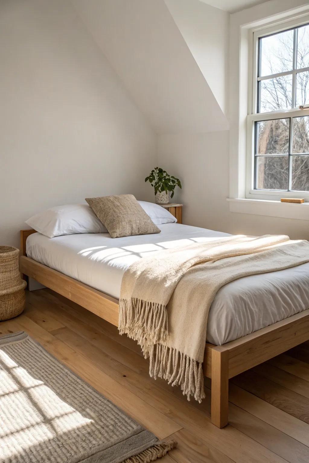 A low-profile bed makes a small bedroom feel taller—minimal, grounded, and beautifully cozy.