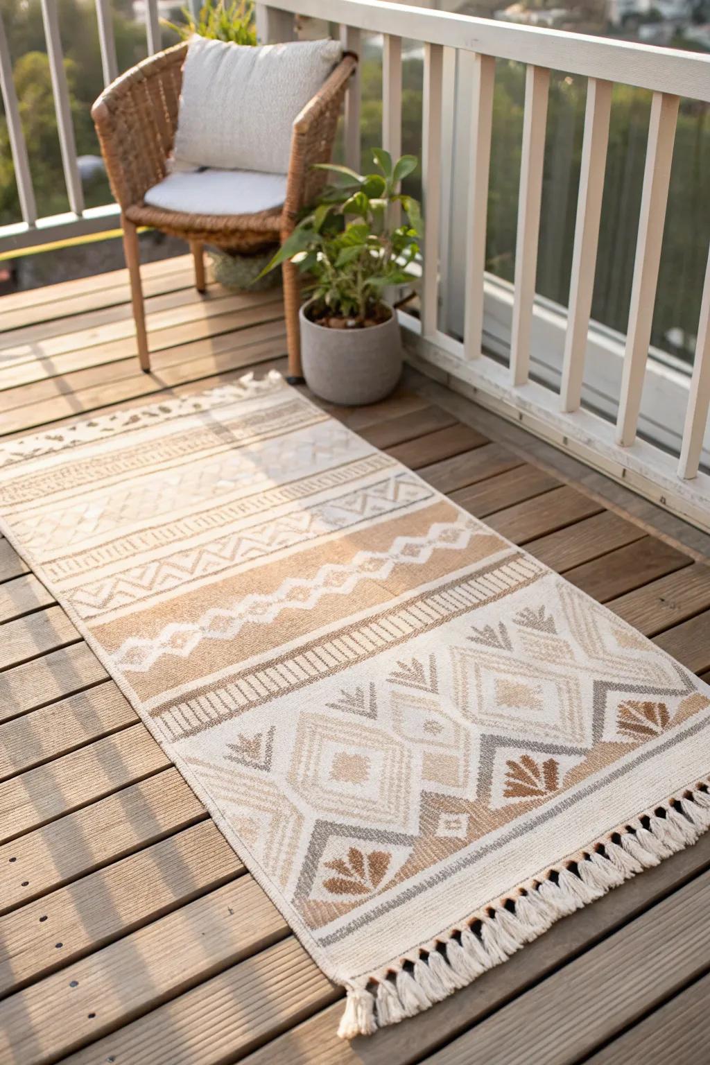 An outdoor rug instantly zones a tiny deck—turning bare boards into a cozy outdoor room.