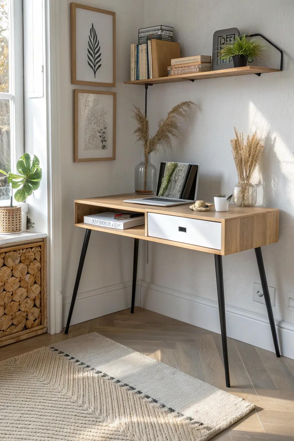 A classic corner desk setup: compact, calm, and elevated with vertical storage.
