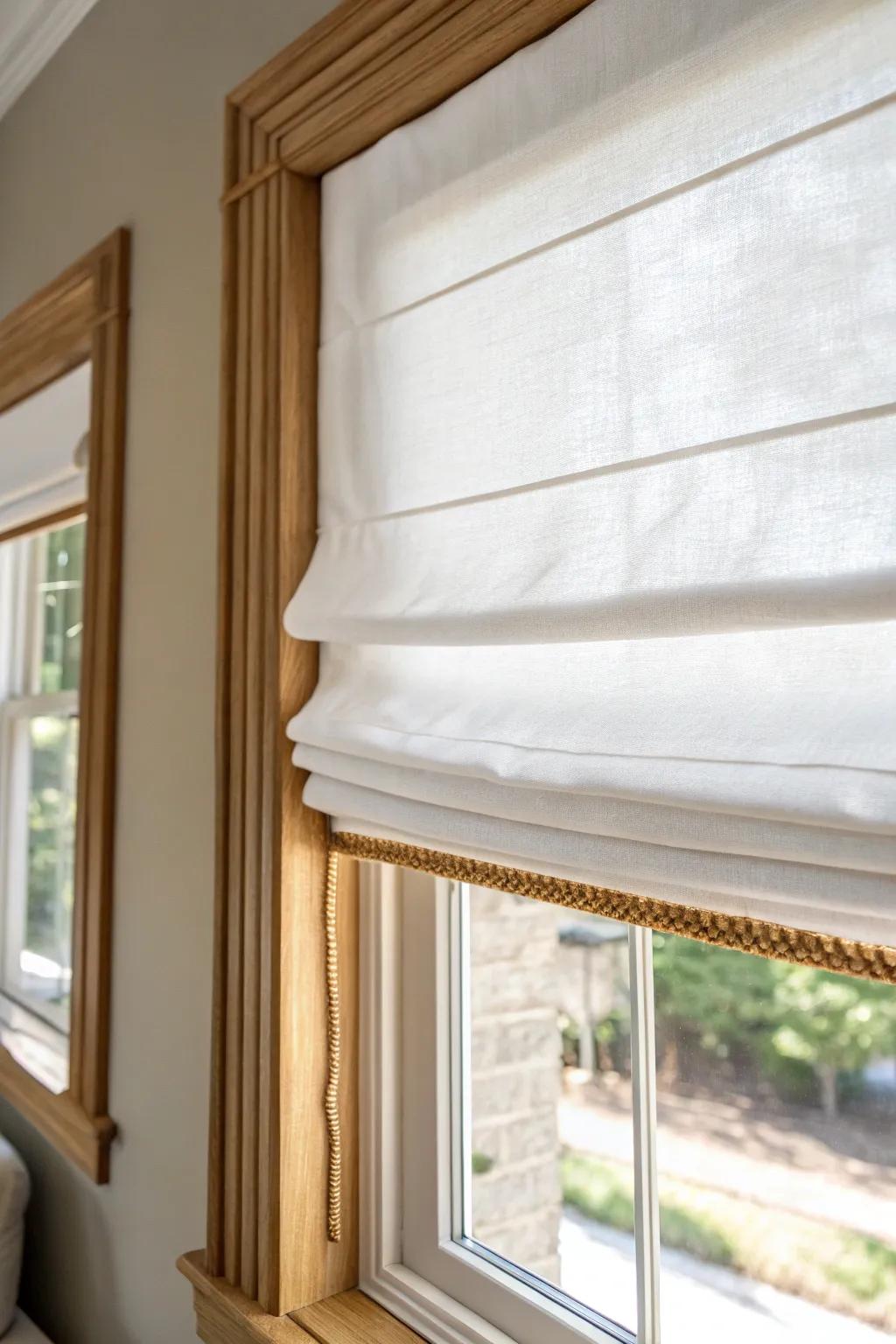 Clean linen Roman shades stack neatly, keeping small dining windows polished and space-smart.