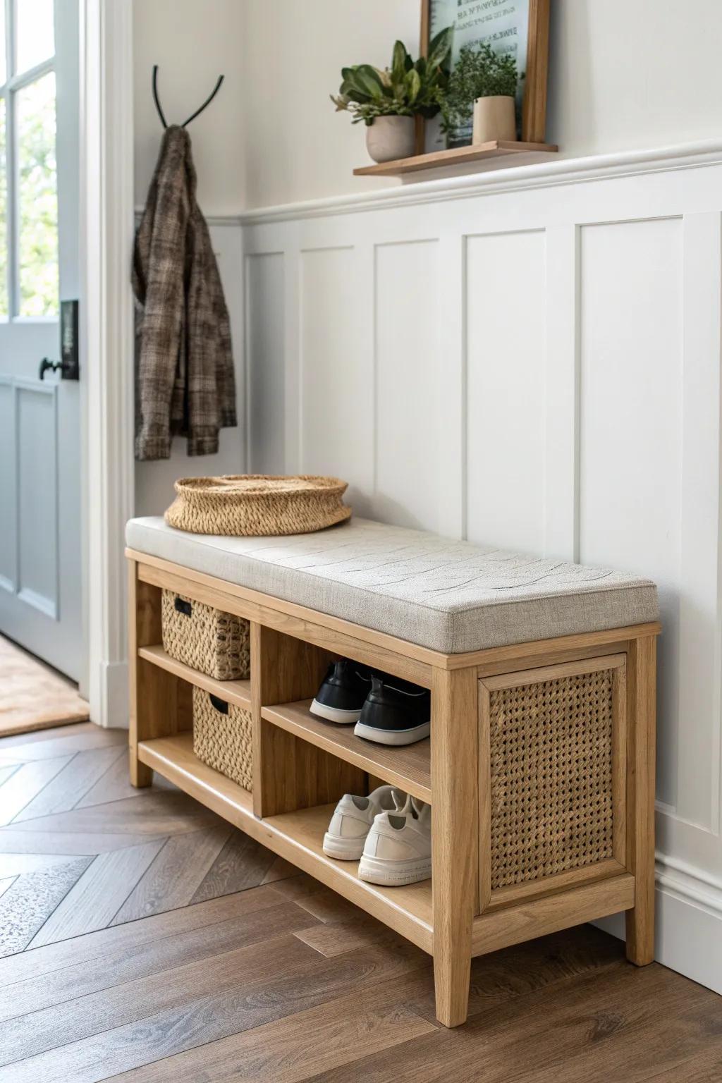 Slim storage bench = instant entry drop zone: sit to lace up, stash shoes neatly underneath.