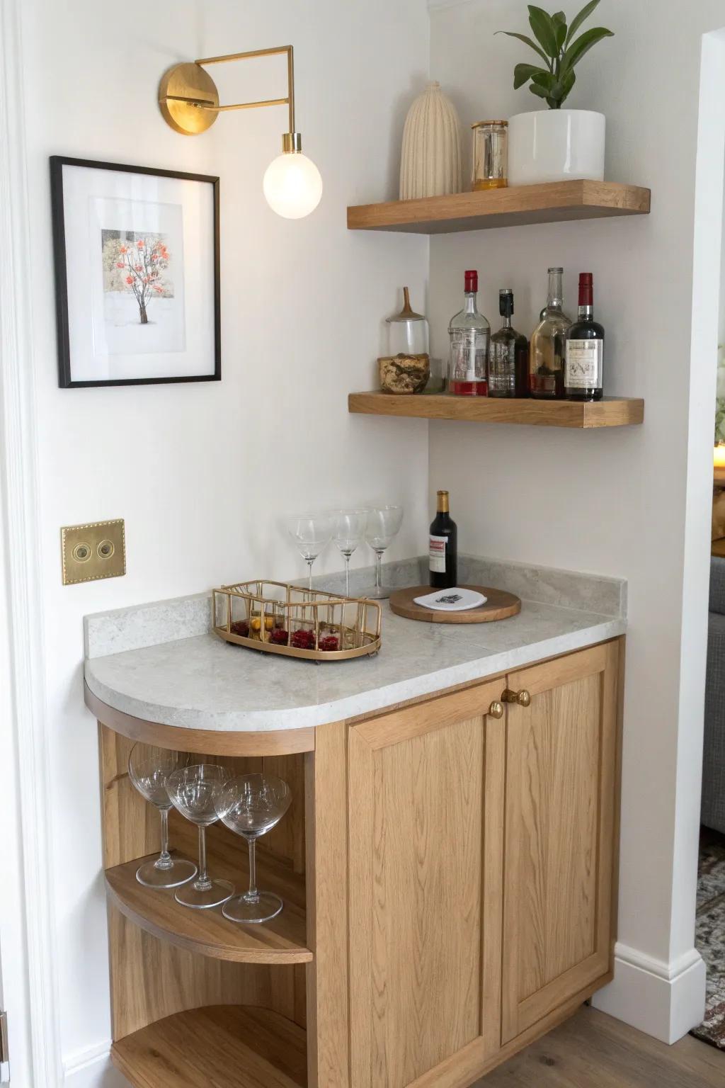 A slim corner dry bar that fits the essentials—oak, brass light, and a shaker-ready counter.
