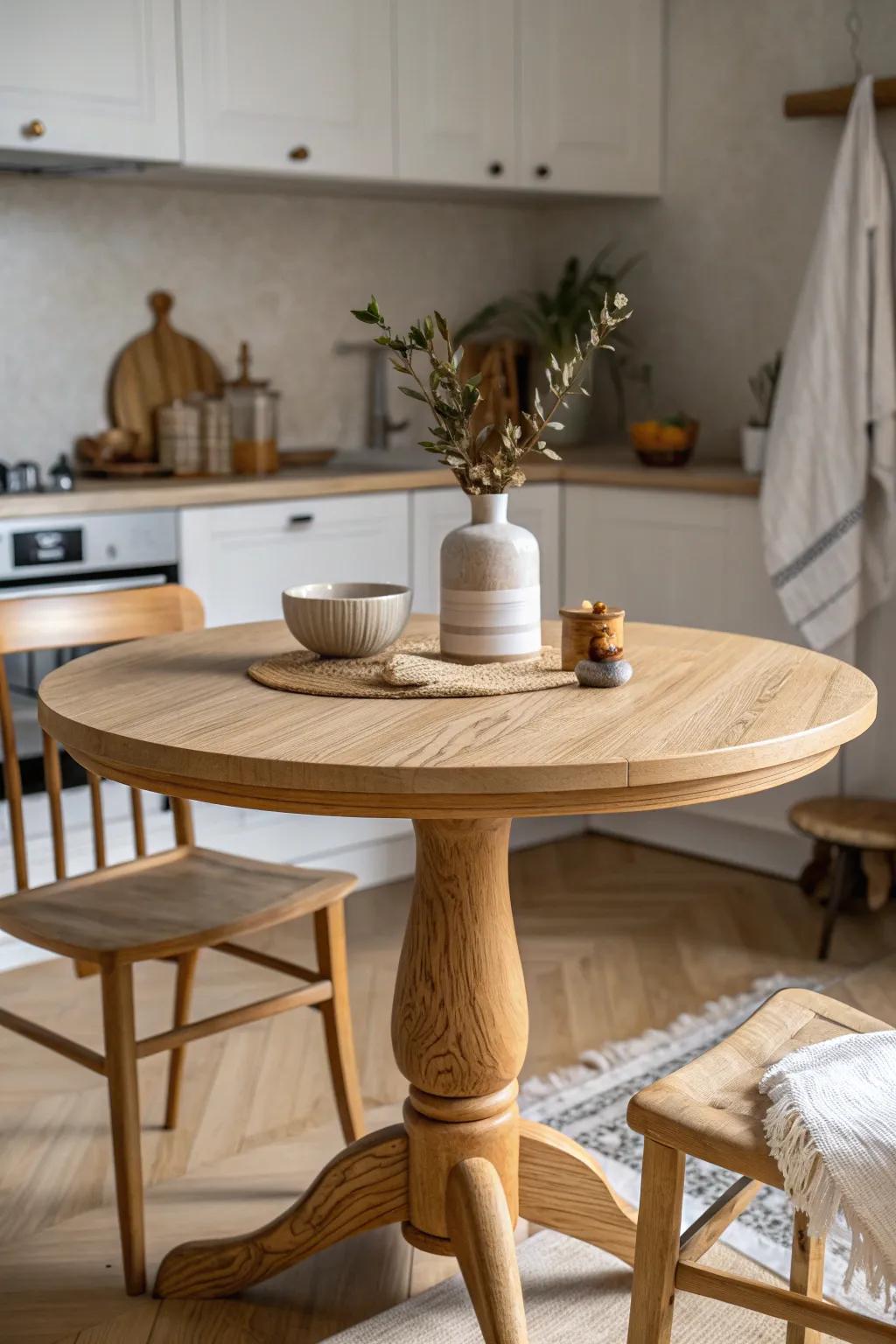A round table softens tight corners and keeps a small eat-in kitchen feeling open.