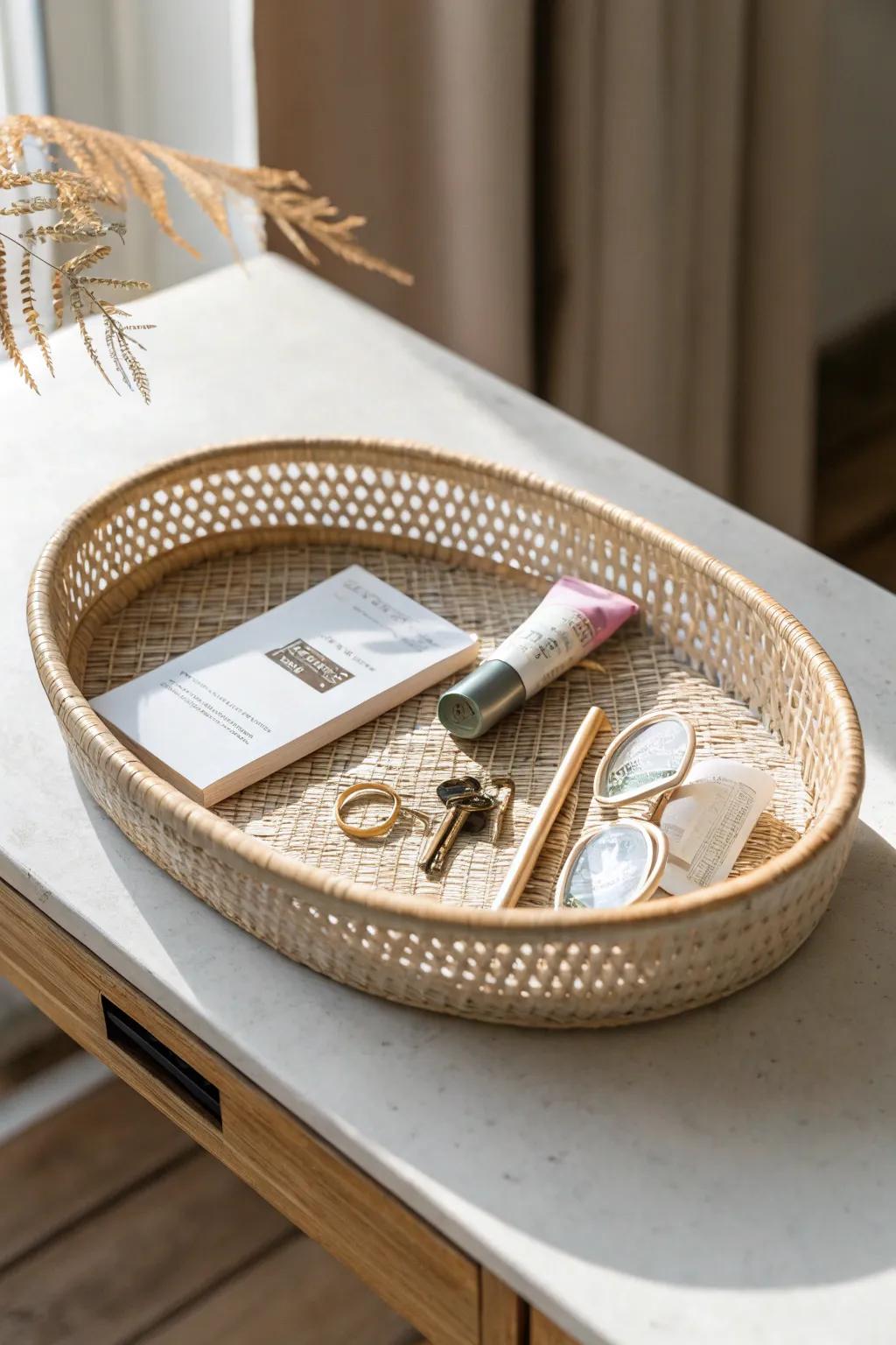 A woven catchall tray keeps keys and essentials tidy—pretty, calm, and clutter-free.