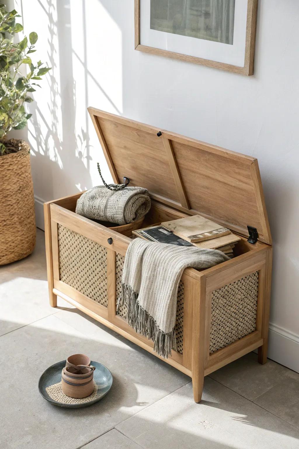Lift-top bench storage that hides seasonal extras while keeping your entryway calm and airy.