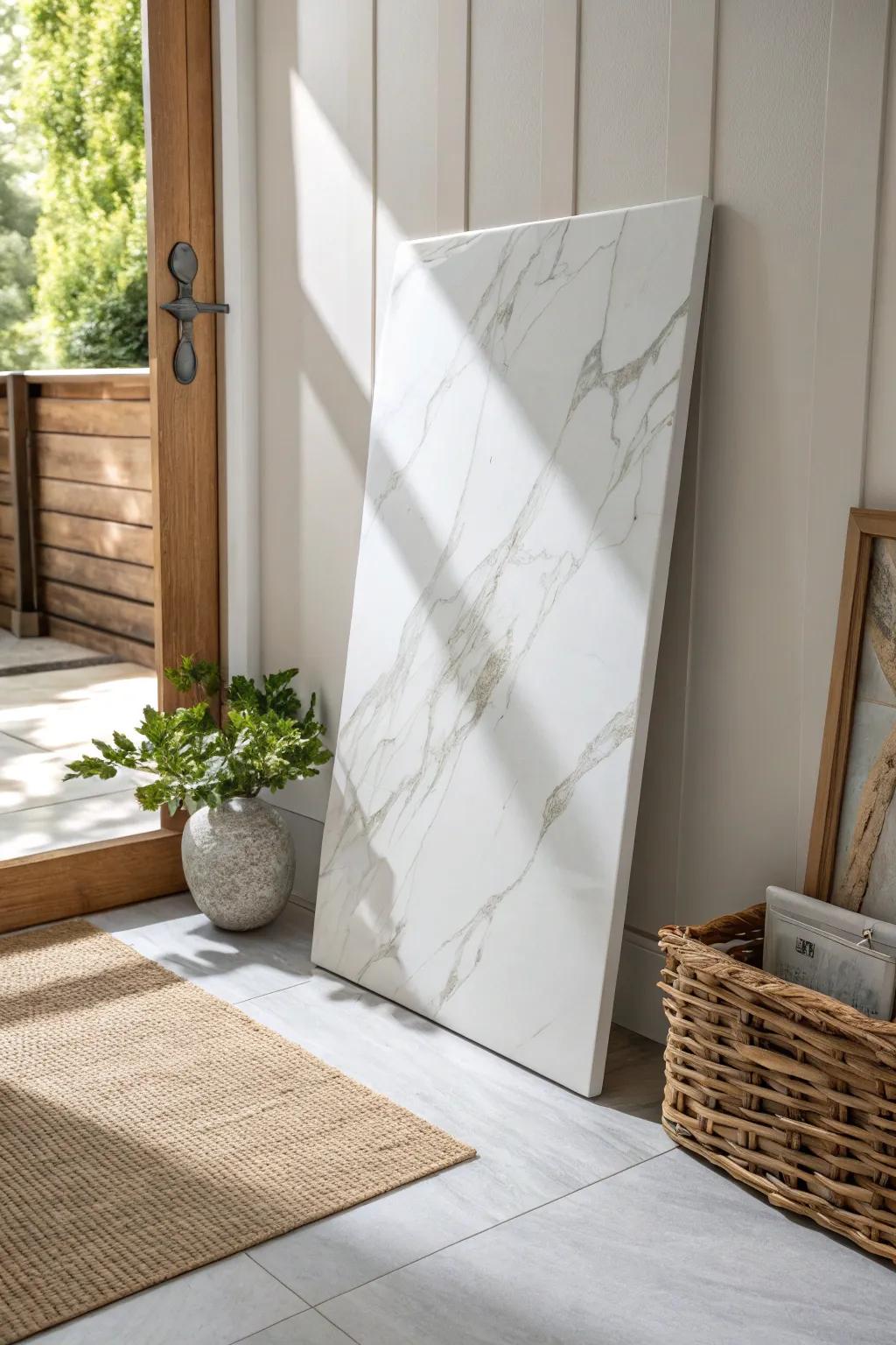 Easy luxury for small foyers: marble-look porcelain tile with bright veining and low fuss.