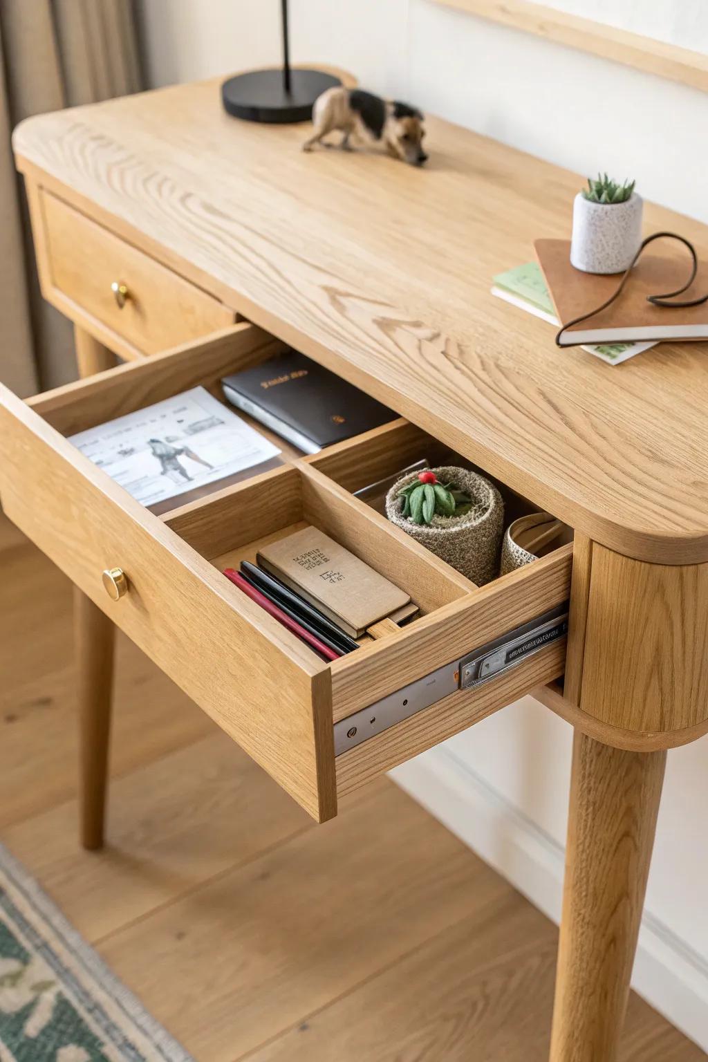 A slim entryway table with one drawer keeps keys, mail, and dog stuff tidy and hidden.