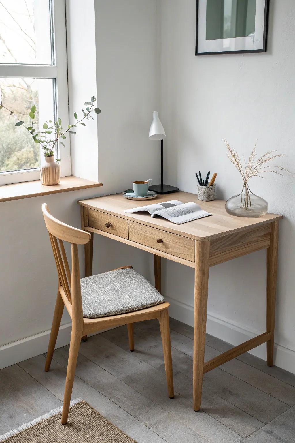 Try a corner “power layout”: angle the chair toward the door and keep the desk beautifully clear.