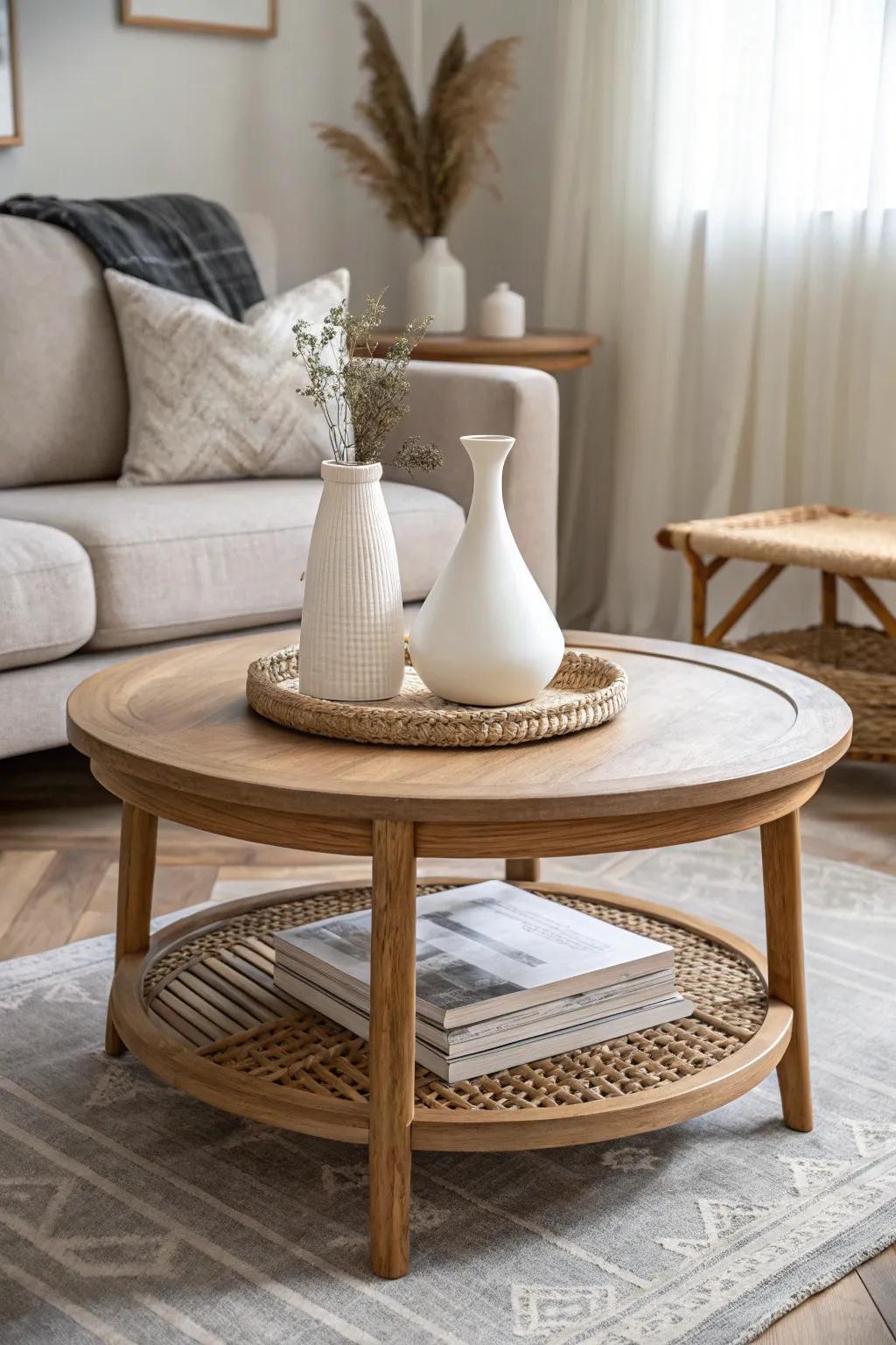 Round coffee table for easy flow in a small family room—soft edges, more space to move.