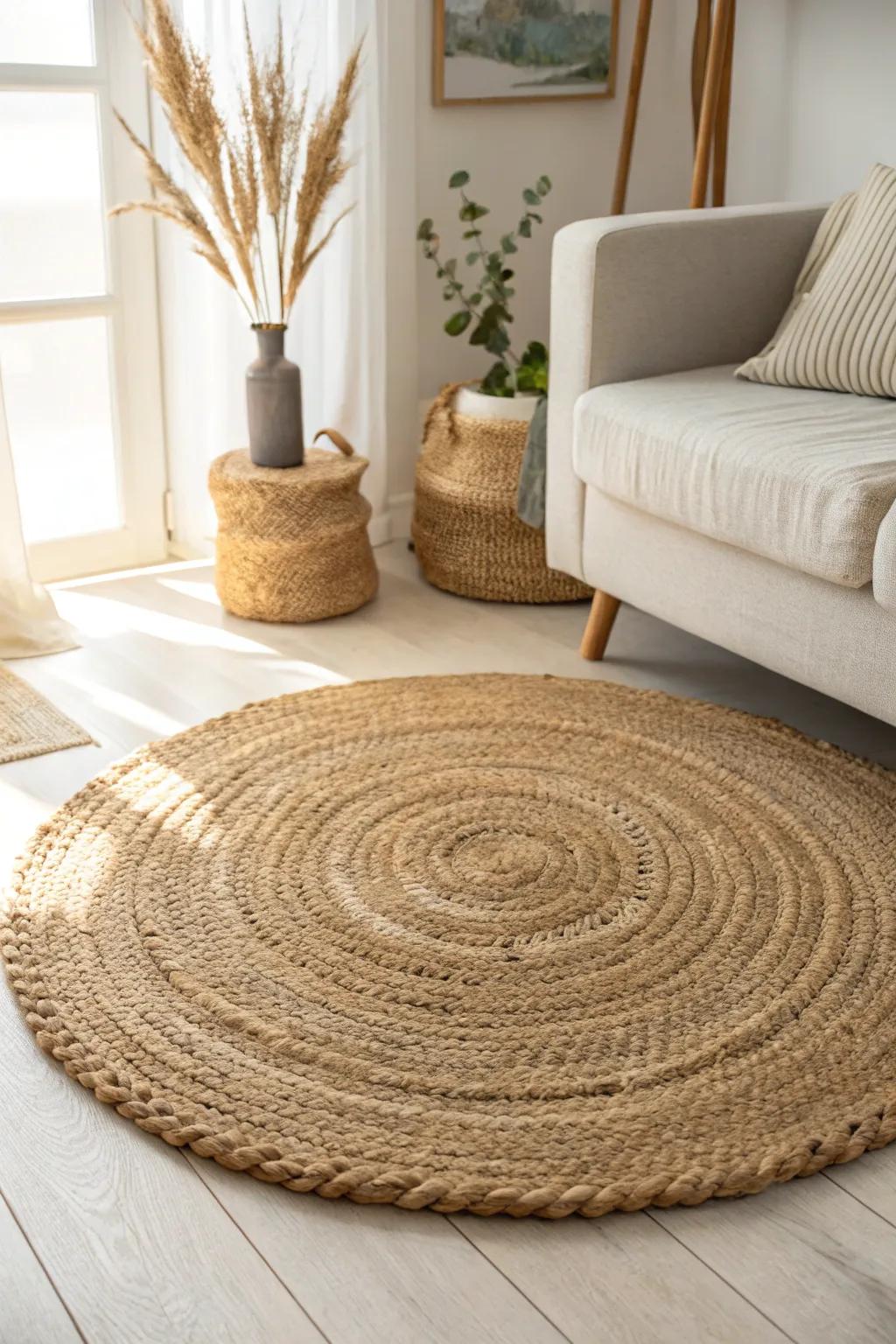 A natural jute rug anchors a small farmhouse living room while keeping it light and airy.