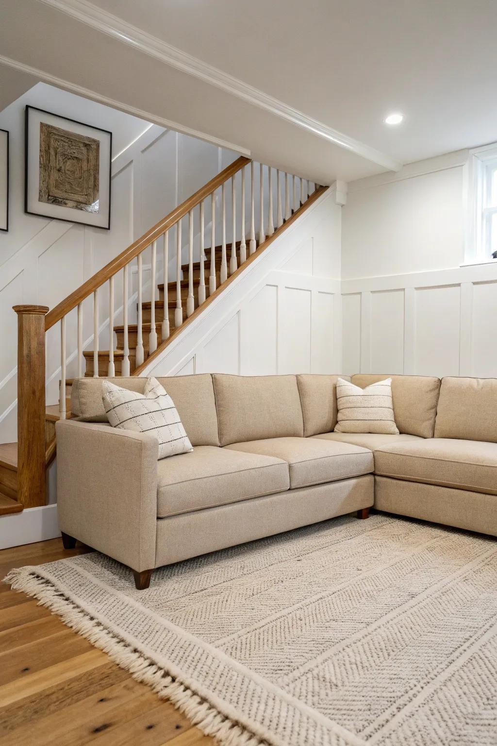 Low-profile sectional seating that opens up the walkway—cozy, minimalist, and basement-friendly.